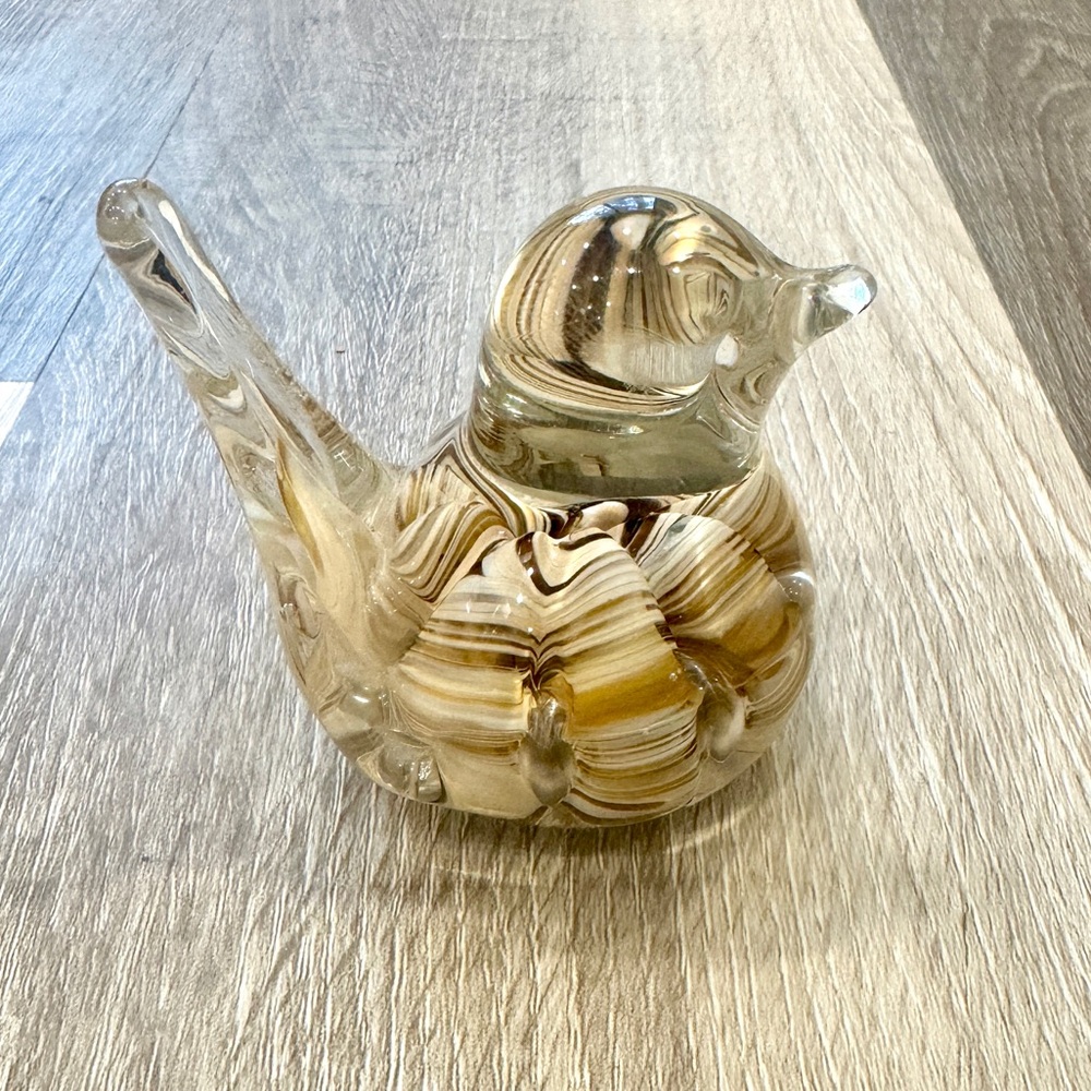 Vintage Bird Paperweight Signed Joe Rice 2001 Tan Cream Swirly 3 Inches